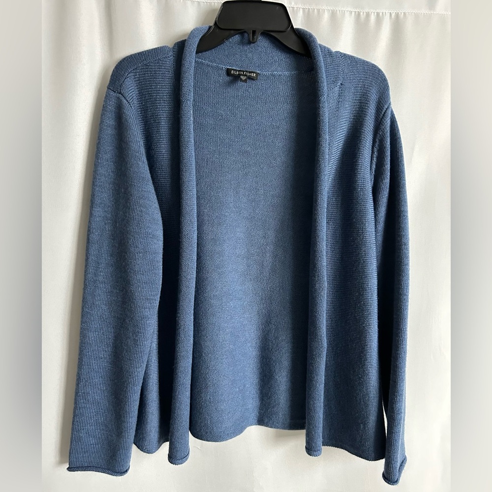 M Eileen Fisher rolled hem blue cardigan sweater NWOT